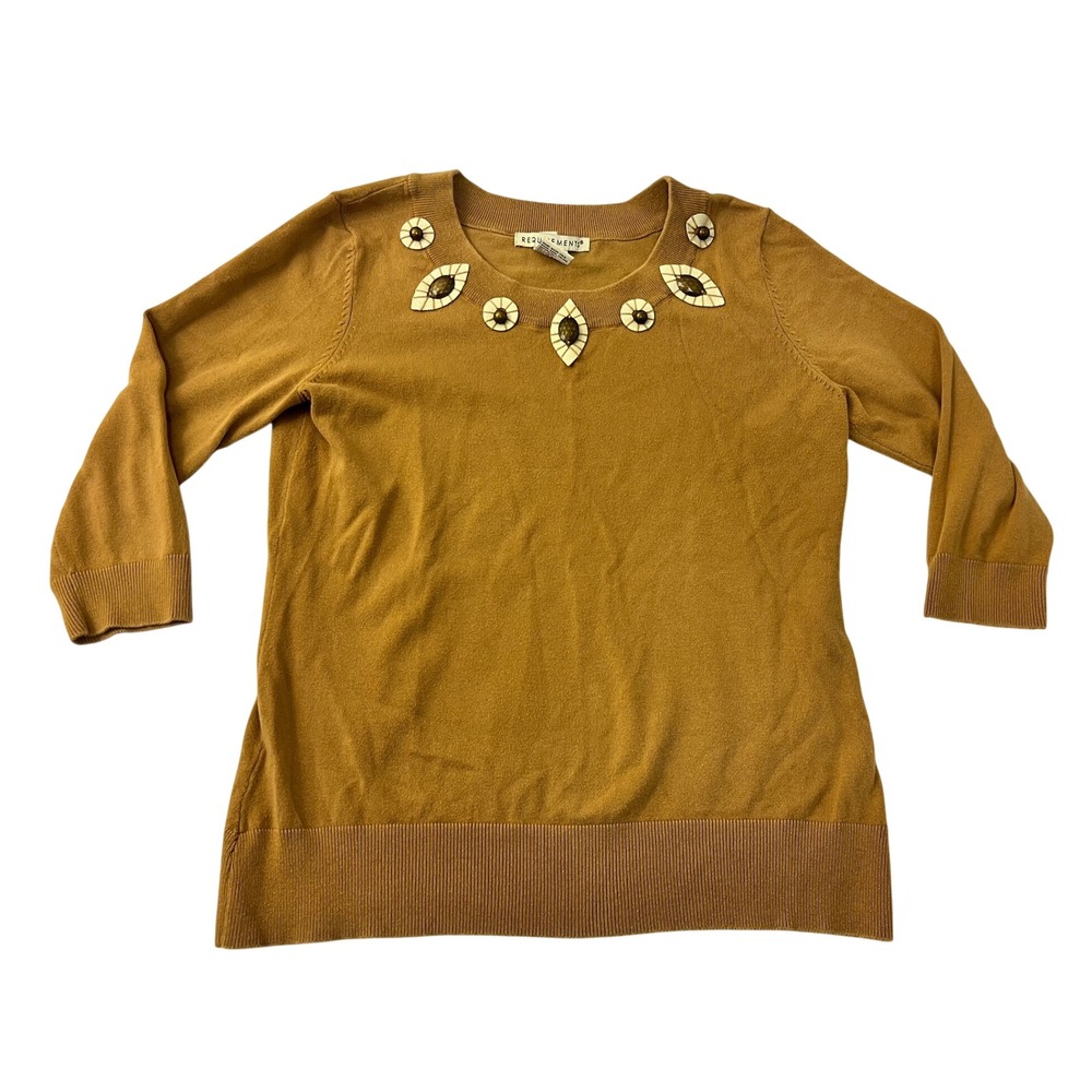 Requirements Mustard Yellow Embellished Crew Neck 3/4 Sleeve Sweater Medium
